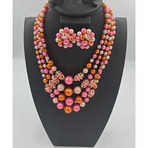 Vintage 3 Strand Japan Necklace Earrings Set Bubblegum Pink Orange Faux Pearl
